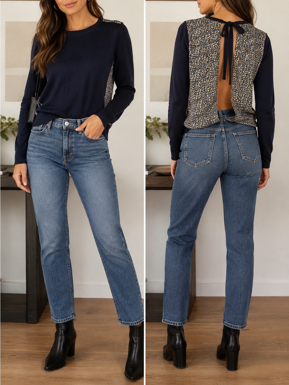 LOFT Navy Sweater with Floral Back Tie Detail